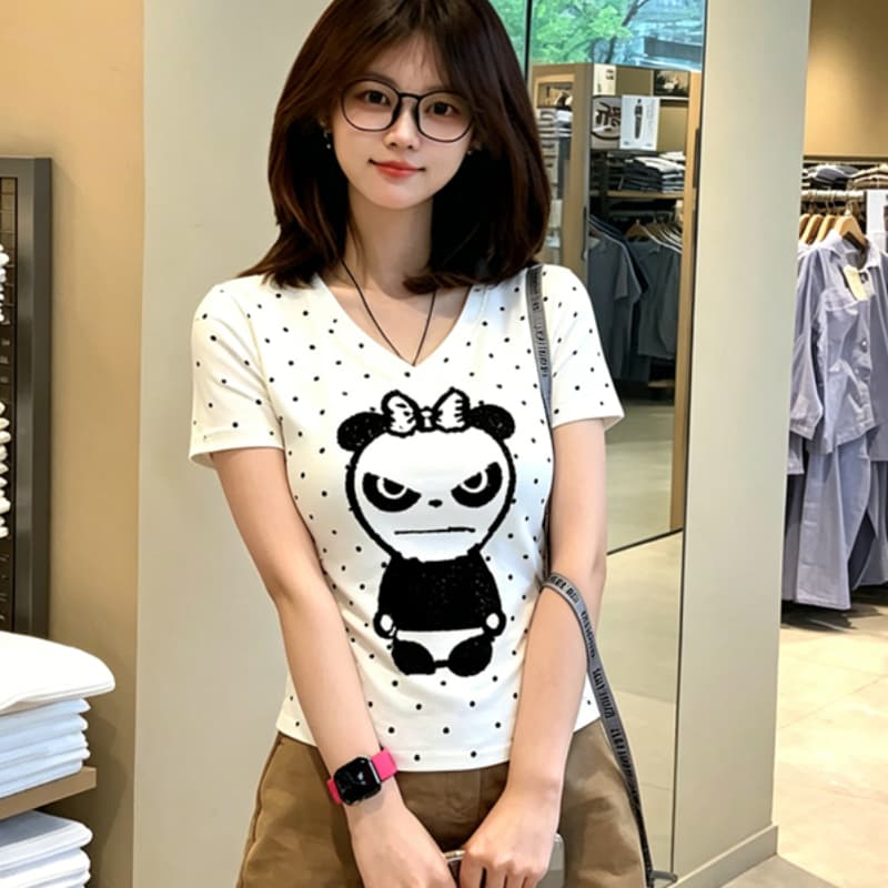 한 부서 ins 화이트 도트 무늬 프린트 V넥 몸매 가꾸기 반팔 티셔츠 여성 여름 캐주얼 다용도 핫걸 y2k 맨위 트렌디 상세 이미지 1