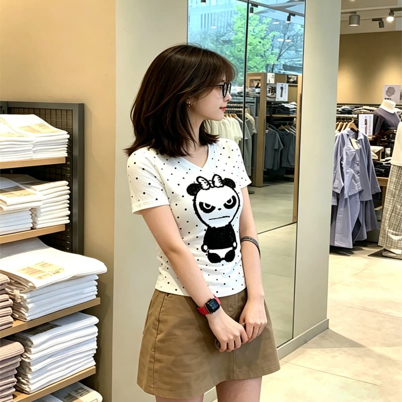 한 부서 ins 화이트 도트 무늬 프린트 V넥 몸매 가꾸기 반팔 티셔츠 여성 여름 캐주얼 다용도 핫걸 y2k 맨위 트렌디 상세 이미지 2