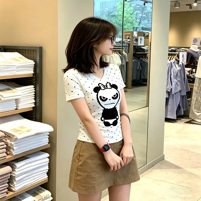한 부서 ins 화이트 도트 무늬 프린트 V넥 몸매 가꾸기 반팔 티셔츠 여성 여름 캐주얼 다용도 핫걸 y2k 맨위 트렌디 상세 이미지 4