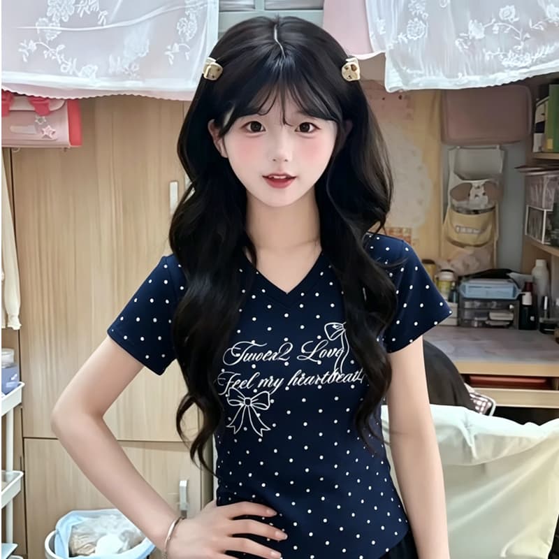 아메리칸 해군 V넥 긍정적 인 어깨 반팔 티셔츠 여성 2026 봄 여름 가을 핫걸 몸매 가꾸기 도파민 순면 이미지 4