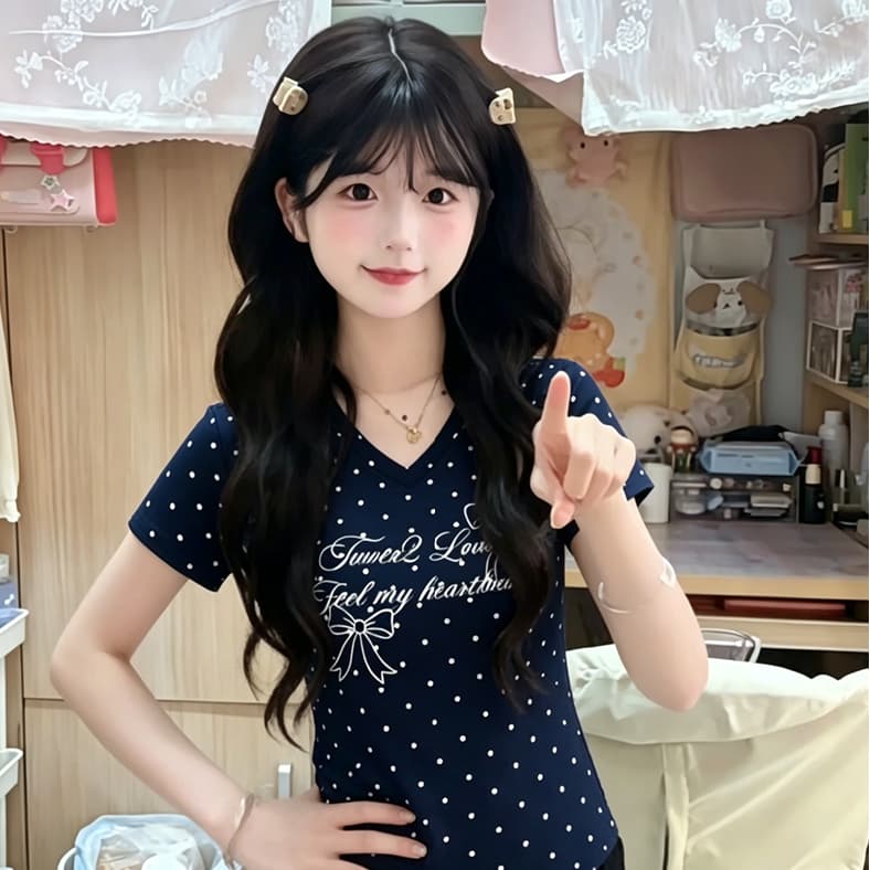 아메리칸 해군 V넥 긍정적 인 어깨 반팔 티셔츠 여성 2026 봄 여름 가을 핫걸 몸매 가꾸기 도파민 순면 상세 이미지 4