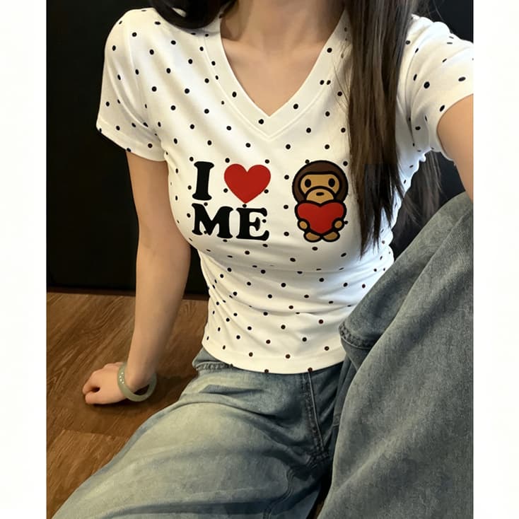 핫걸 바람 레트로 도트 무늬 반팔 티셔츠 여성 속임수 원숭이 하트 V넥 긍정적 인 어깨 몸매 가꾸기 슬림해 보이는 다용도 맨위 상세 이미지 2