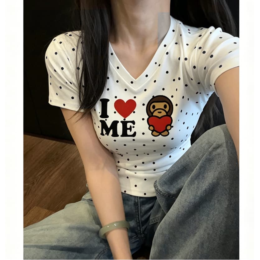 핫걸 바람 레트로 도트 무늬 반팔 티셔츠 여성 속임수 원숭이 하트 V넥 긍정적 인 어깨 몸매 가꾸기 슬림해 보이는 다용도 맨위 상세 이미지 4