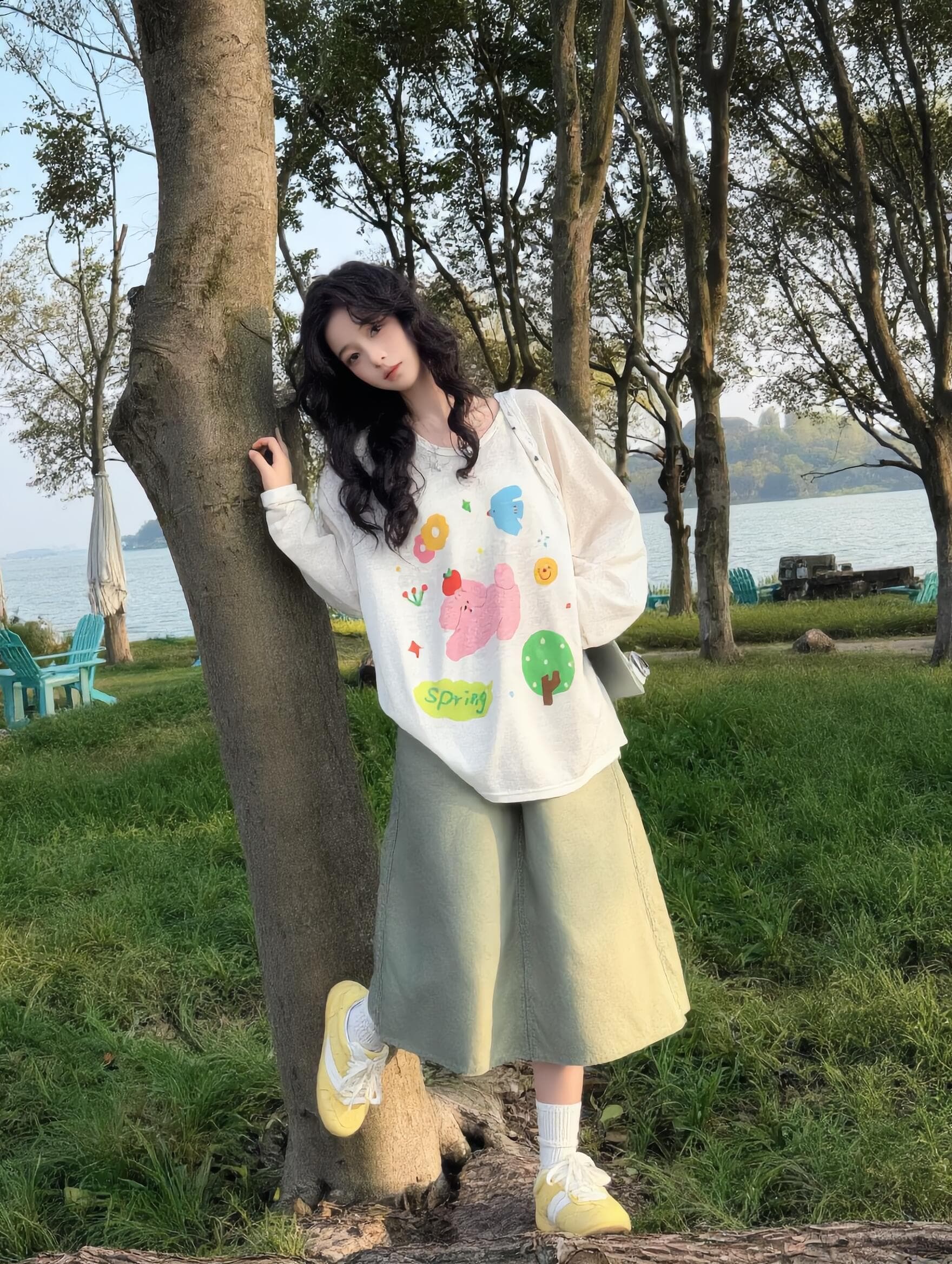 한 부서 재미있는 만화 자외선 차단 블라우스 긴팔 티셔츠 여성 여름 얇은 스타일 마이크로 ~을 통해 슬림해 보이는 느긋한 바람 맨위 상세 이미지 2