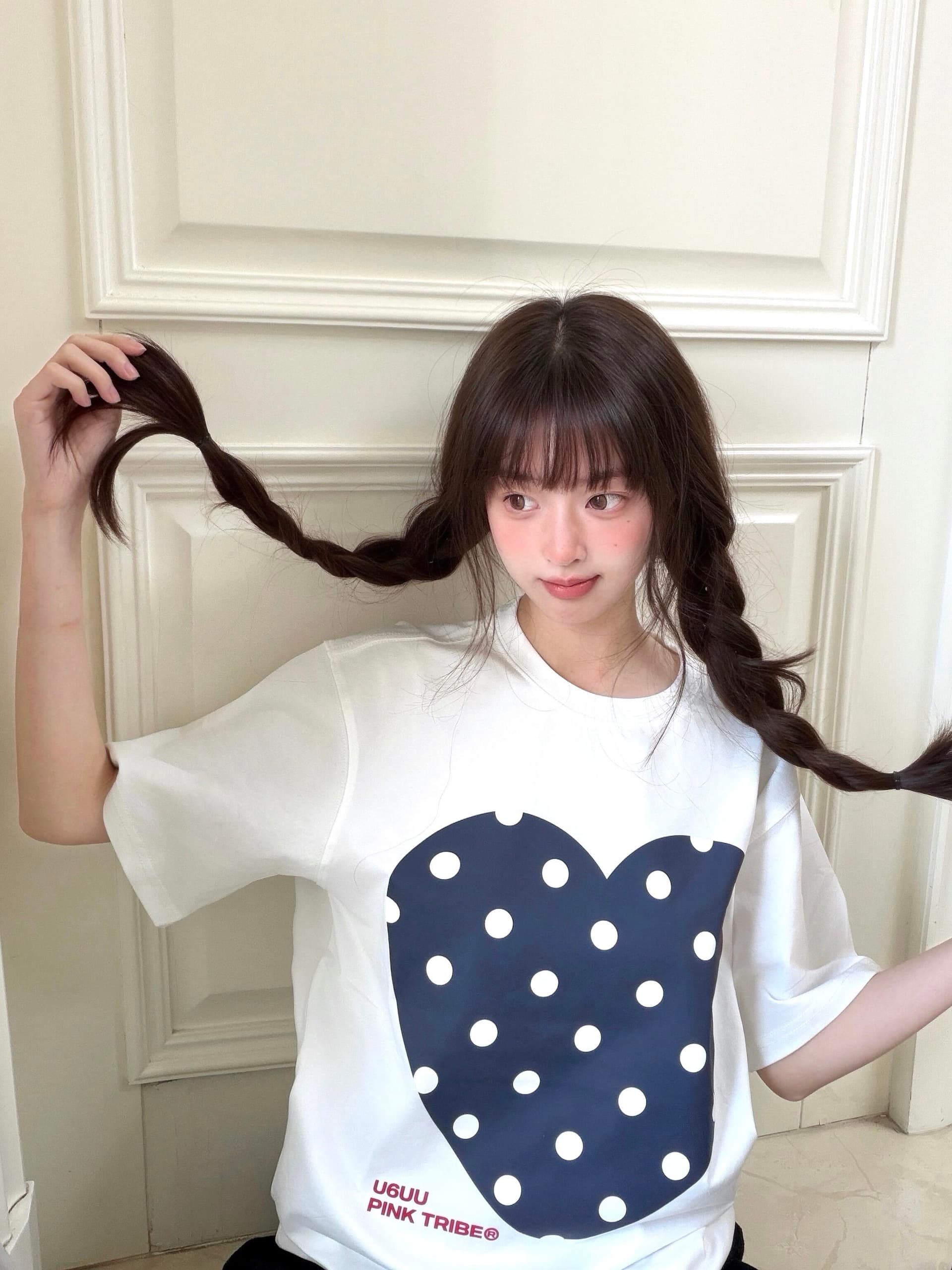 한 부서 레트로 도트 무늬 대 하트 반팔 티셔츠 여성 화이트 라운드 넥 루즈핏 캐주얼 느긋한 작은 대중 여름 맨위 상세 이미지 3