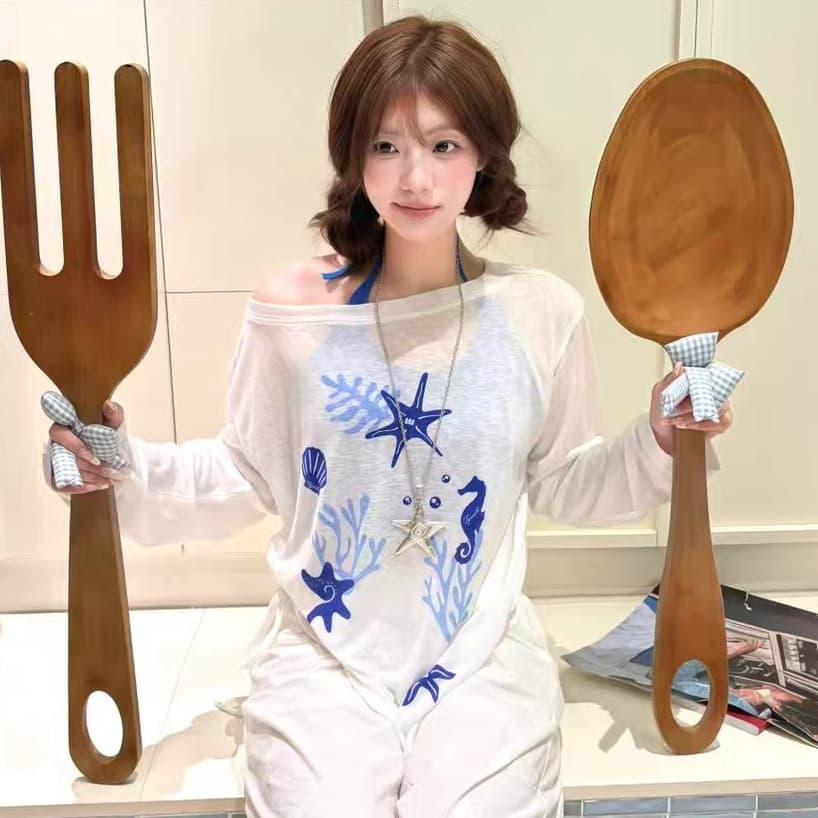 한 부서 불가사리 비스듬한 어깨 자외선 차단 블라우스 긴팔 티셔츠 여성 여름 새로운 캐주얼 다용도 외국 가스 맨위 트렌디