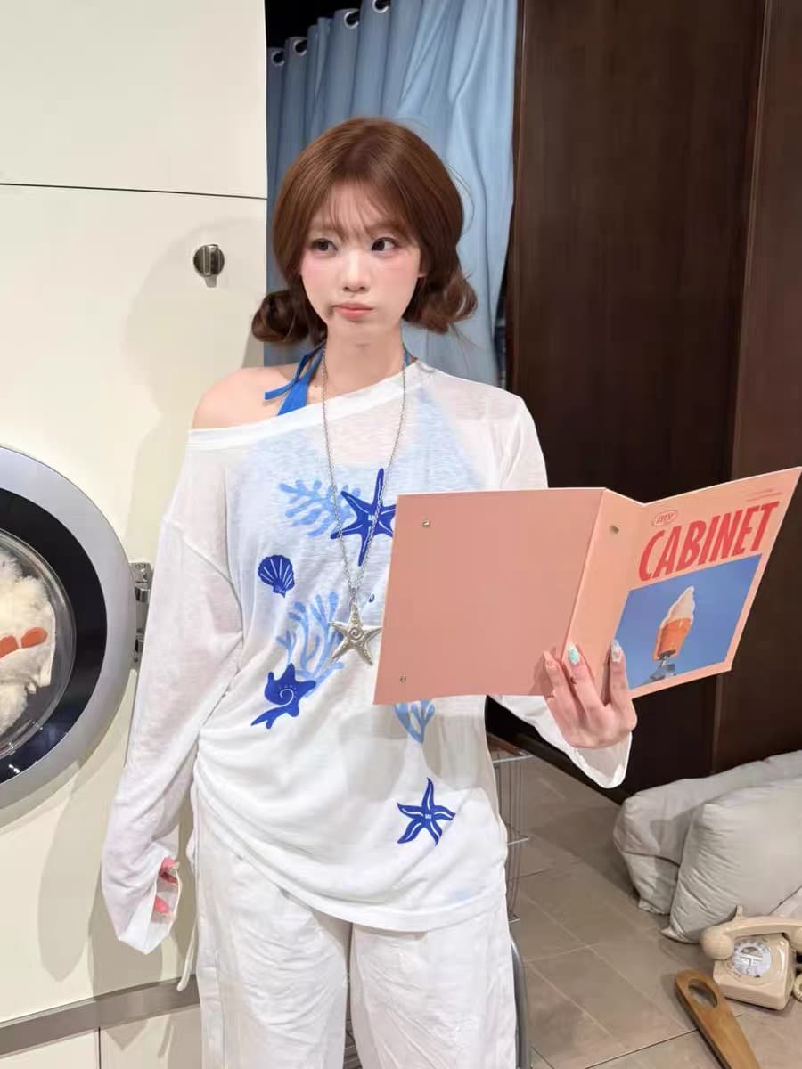 한 부서 불가사리 비스듬한 어깨 자외선 차단 블라우스 긴팔 티셔츠 여성 여름 새로운 캐주얼 다용도 외국 가스 맨위 트렌디 이미지 2