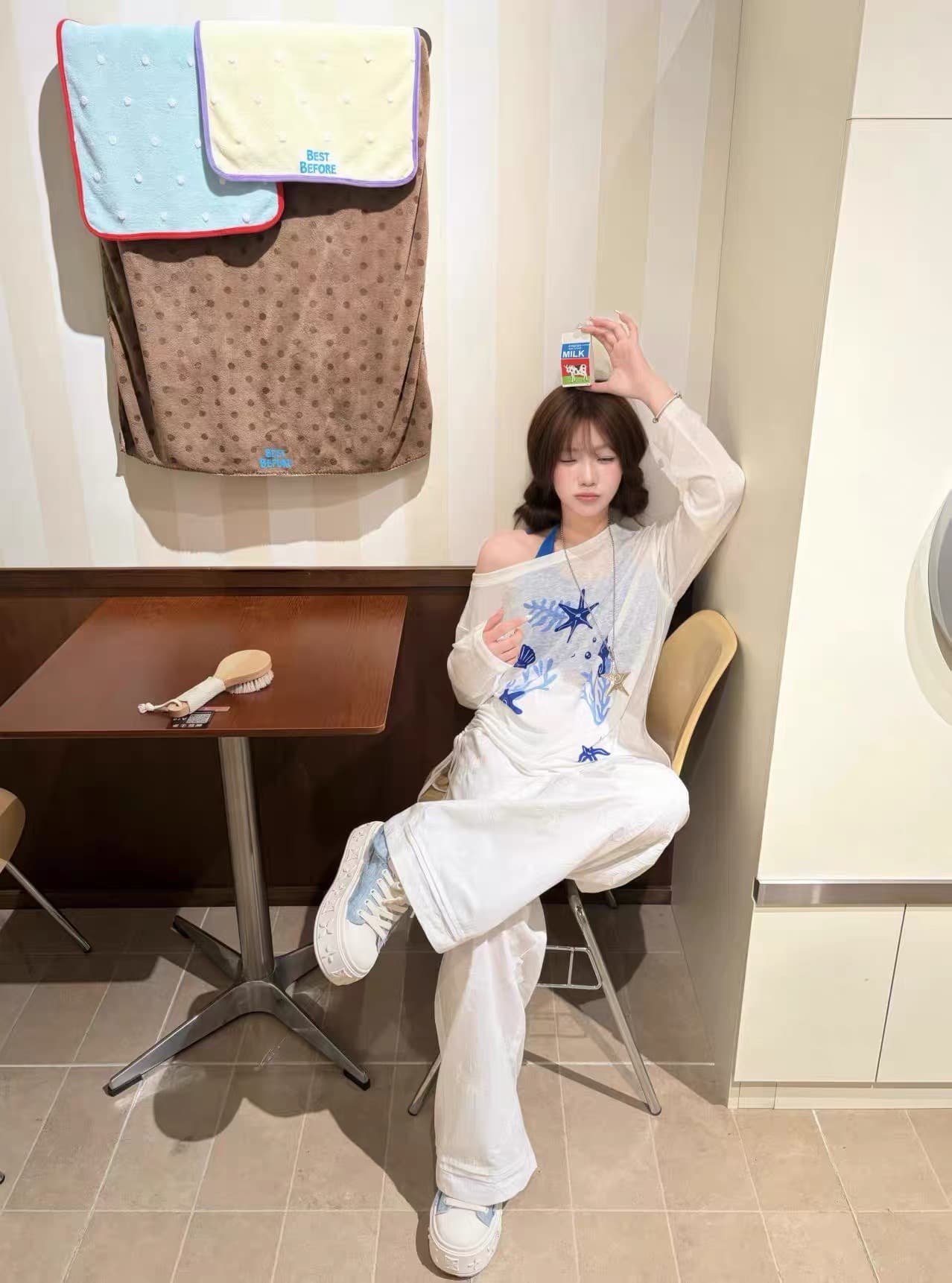 한 부서 불가사리 비스듬한 어깨 자외선 차단 블라우스 긴팔 티셔츠 여성 여름 새로운 캐주얼 다용도 외국 가스 맨위 트렌디 상세 이미지 2
