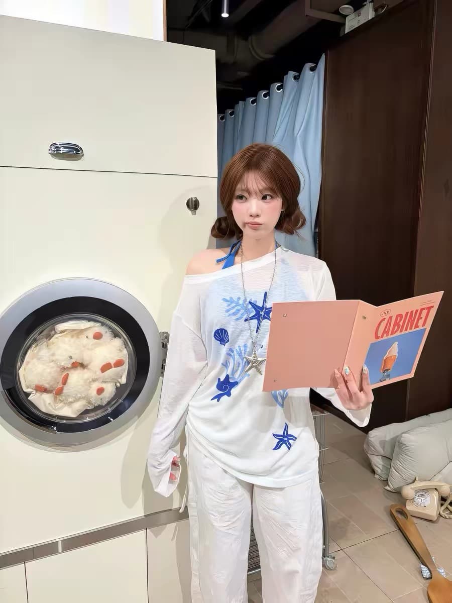 한 부서 불가사리 비스듬한 어깨 자외선 차단 블라우스 긴팔 티셔츠 여성 여름 새로운 캐주얼 다용도 외국 가스 맨위 트렌디 상세 이미지 3