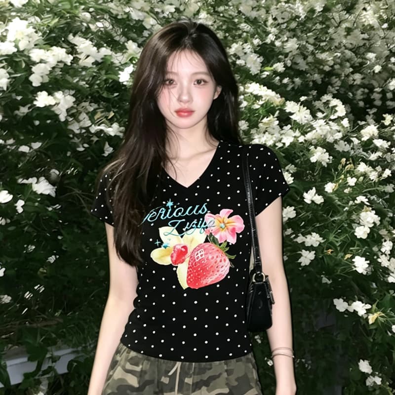 몸매 가꾸기 슬림해 보이는 긍정적 인 어깨 V넥 반팔 티셔츠 여성 이미지 2