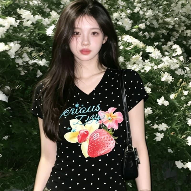 몸매 가꾸기 슬림해 보이는 긍정적 인 어깨 V넥 반팔 티셔츠 여성 상세 이미지 5