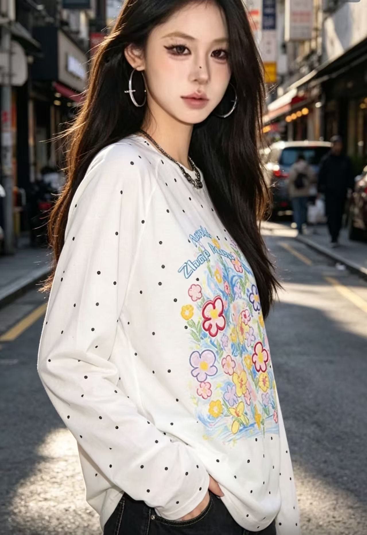 한 부서 패치워크 페인팅 패턴 알파벳 긴팔 자외선 차단 의류 여성 여름 루즈핏 슬림해 보이는 블라우스 다용도 캐주얼 맨위 이미지 3