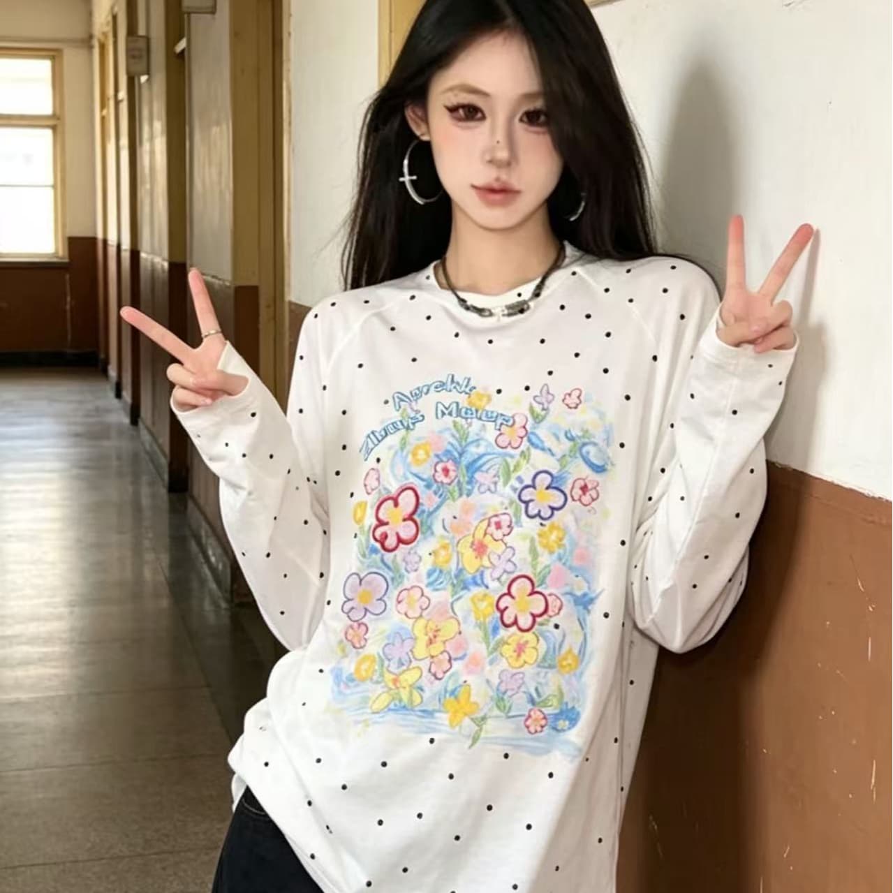 한 부서 패치워크 페인팅 패턴 알파벳 긴팔 자외선 차단 의류 여성 여름 루즈핏 슬림해 보이는 블라우스 다용도 캐주얼 맨위 이미지 4