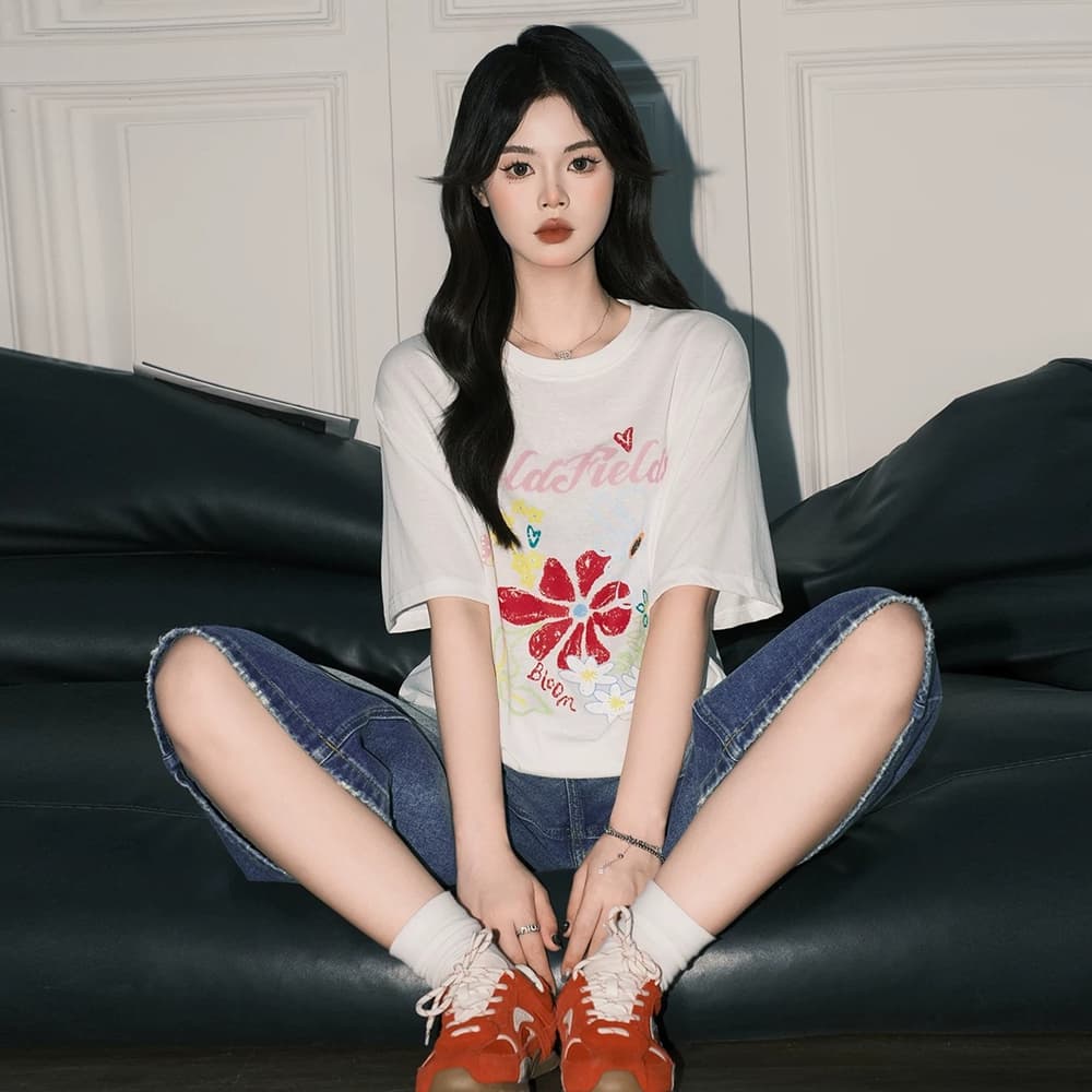 한 부서 화이트 꽃 프린트 라운드 넥 티셔츠 여성 루즈핏 다용도 연령 감소 캐주얼 반팔 맨위