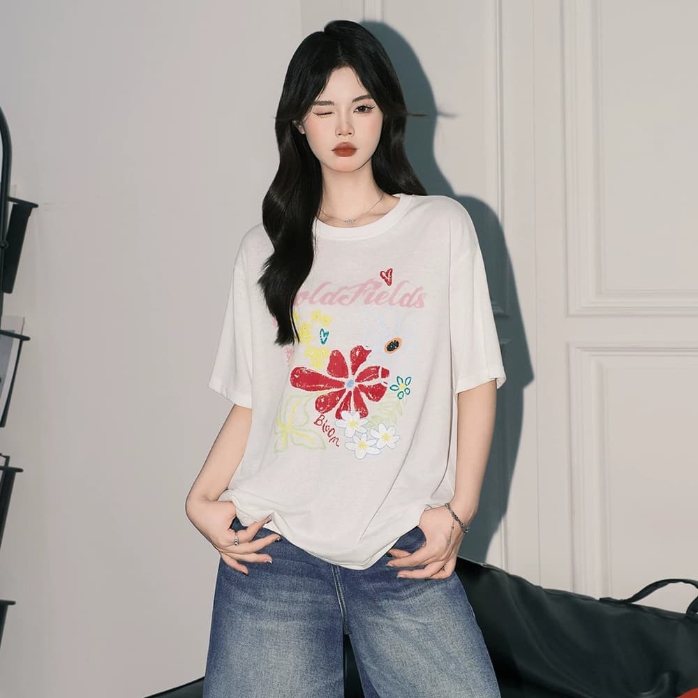 한 부서 화이트 꽃 프린트 라운드 넥 티셔츠 여성 루즈핏 다용도 연령 감소 캐주얼 반팔 맨위 상세 이미지 3