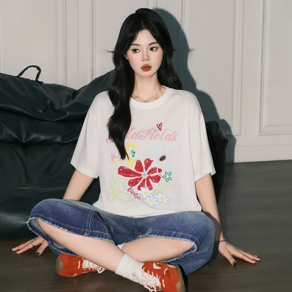 한 부서 화이트 꽃 프린트 라운드 넥 티셔츠 여성 루즈핏 다용도 연령 감소 캐주얼 반팔 맨위 상세 이미지 4