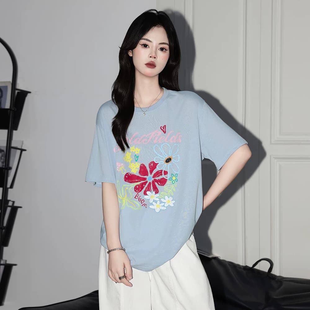 한 부서 화이트 꽃 프린트 라운드 넥 티셔츠 여성 루즈핏 다용도 연령 감소 캐주얼 반팔 맨위 상세 이미지 5