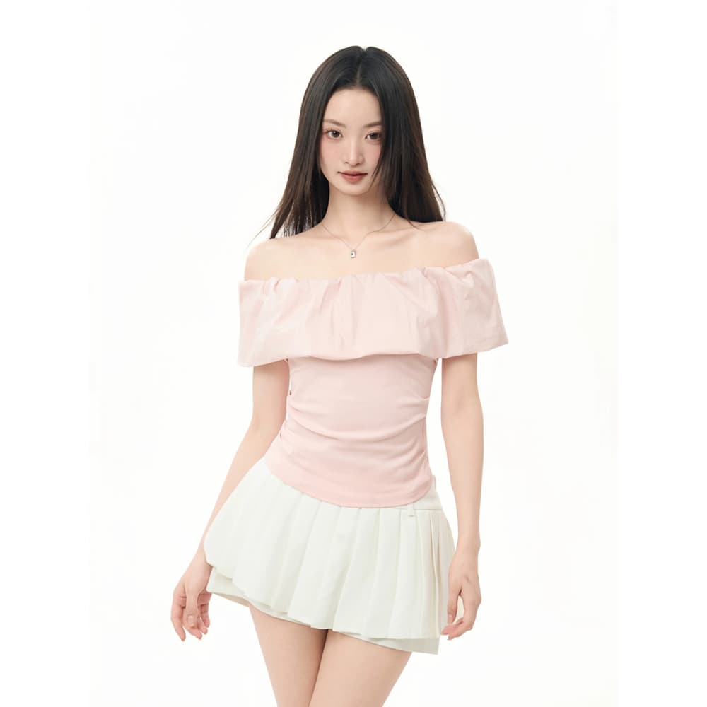 핑크색 프릴 오프숄더 오프숄더 반팔 티셔츠 여성 여름 2026 새로운 몸매 가꾸기 프랑스식 맨위 상세 이미지 3