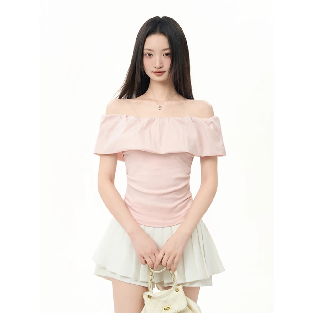 핑크색 프릴 오프숄더 오프숄더 반팔 티셔츠 여성 여름 2026 새로운 몸매 가꾸기 프랑스식 맨위 상세 이미지 4