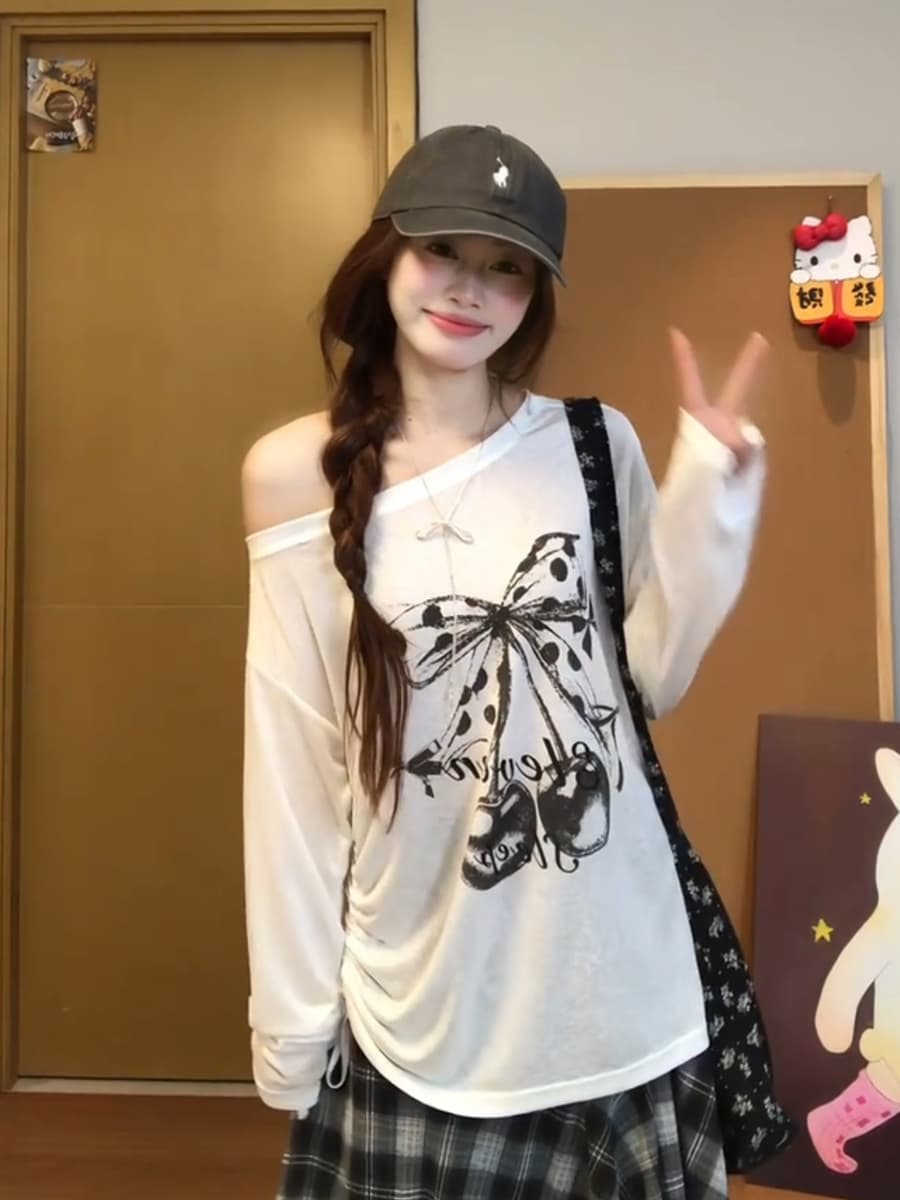 한 부서 캐주얼 느긋한 센스 알파벳 나비 매듭 프린트 비스듬한 어깨 화이트 긴팔 블라우스 여성 여름 맨위 이미지 3
