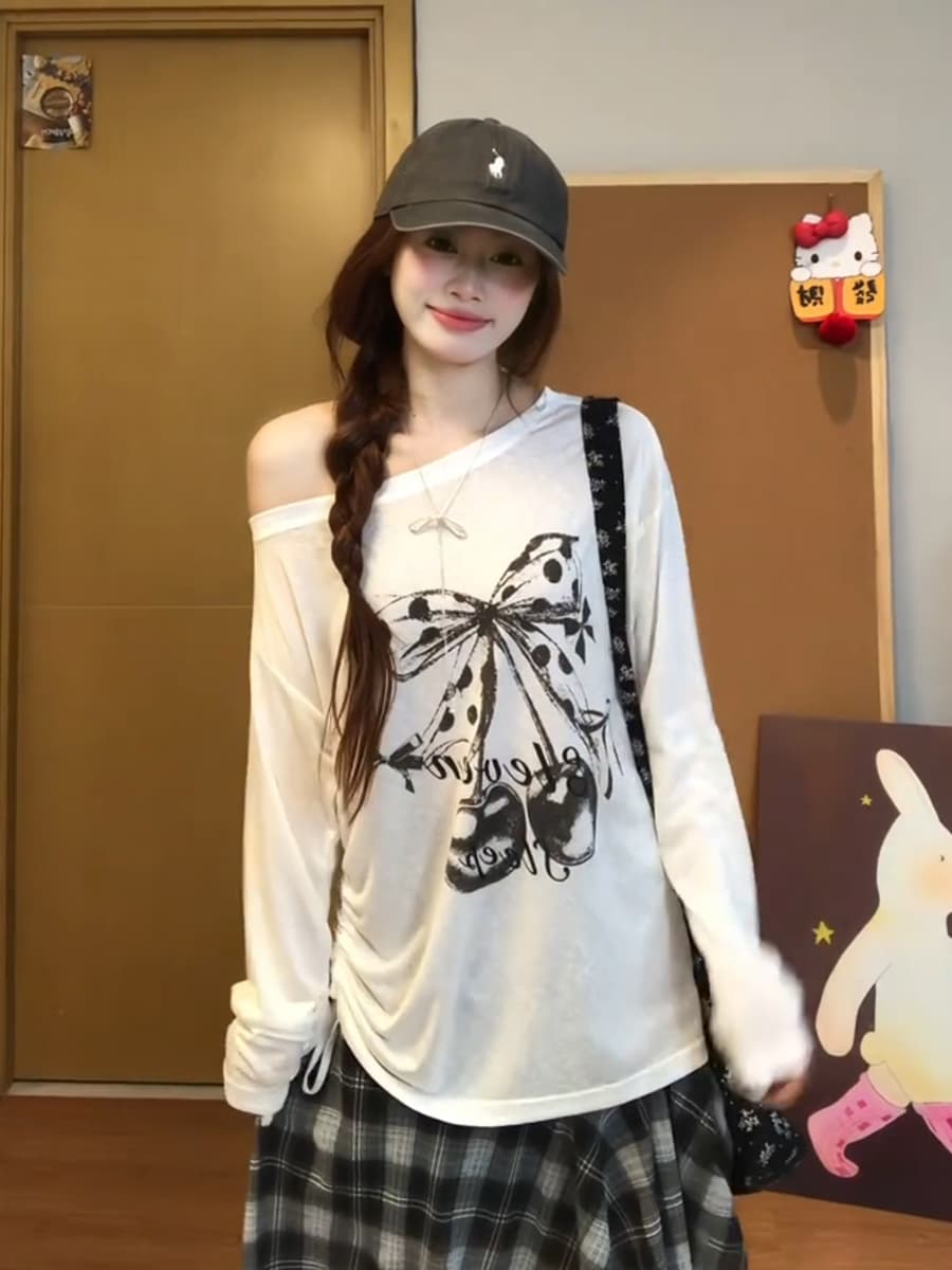 한 부서 캐주얼 느긋한 센스 알파벳 나비 매듭 프린트 비스듬한 어깨 화이트 긴팔 블라우스 여성 여름 맨위 이미지 2