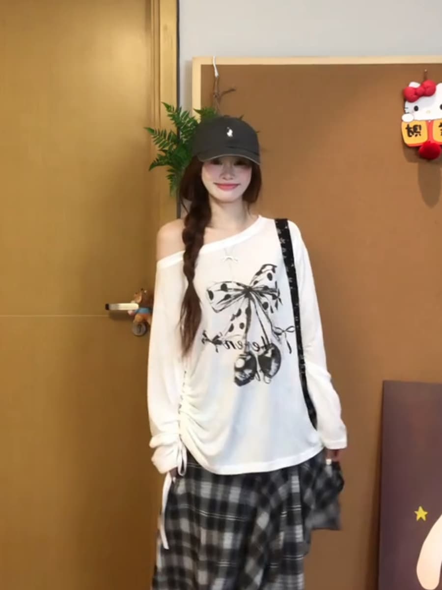 한 부서 캐주얼 느긋한 센스 알파벳 나비 매듭 프린트 비스듬한 어깨 화이트 긴팔 블라우스 여성 여름 맨위 이미지 4