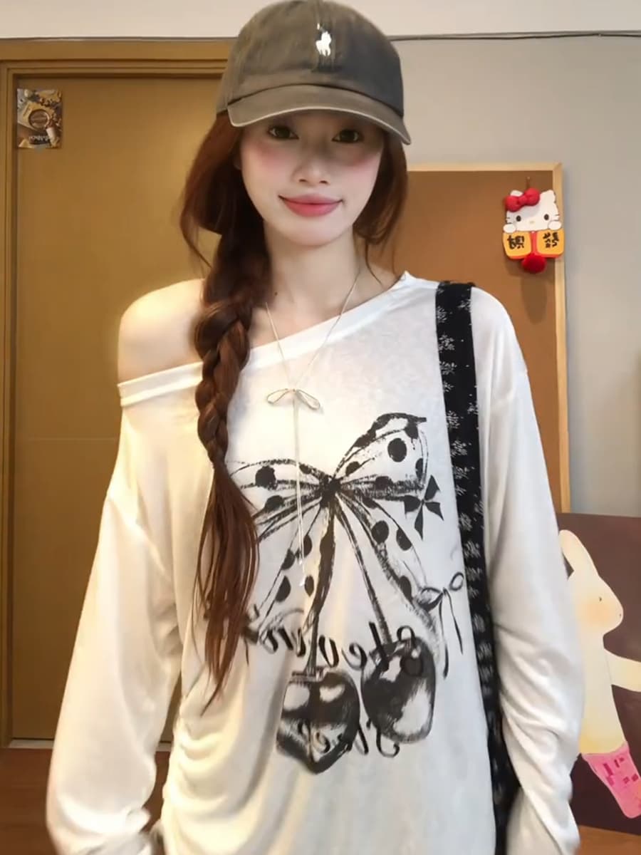 한 부서 캐주얼 느긋한 센스 알파벳 나비 매듭 프린트 비스듬한 어깨 화이트 긴팔 블라우스 여성 여름 맨위 상세 이미지 1