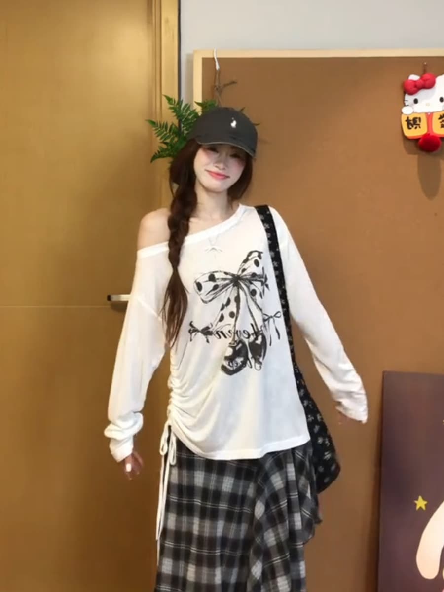 한 부서 캐주얼 느긋한 센스 알파벳 나비 매듭 프린트 비스듬한 어깨 화이트 긴팔 블라우스 여성 여름 맨위 상세 이미지 5