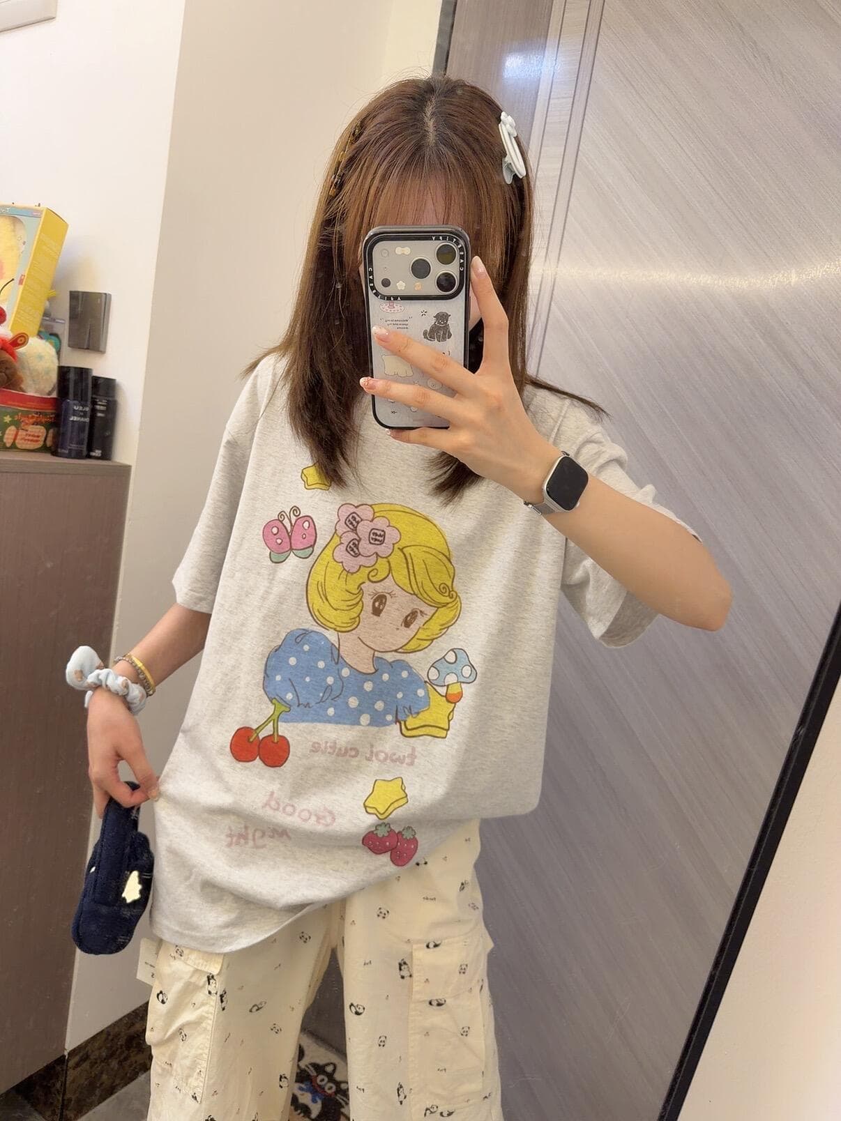 한 부서 만화 알파벳 꽃 회색 반팔 티셔츠 여성 여름 루즈핏 슬림해 보이는 디자인 센스 다용도 캐주얼 맨위 트렌디 이미지 2