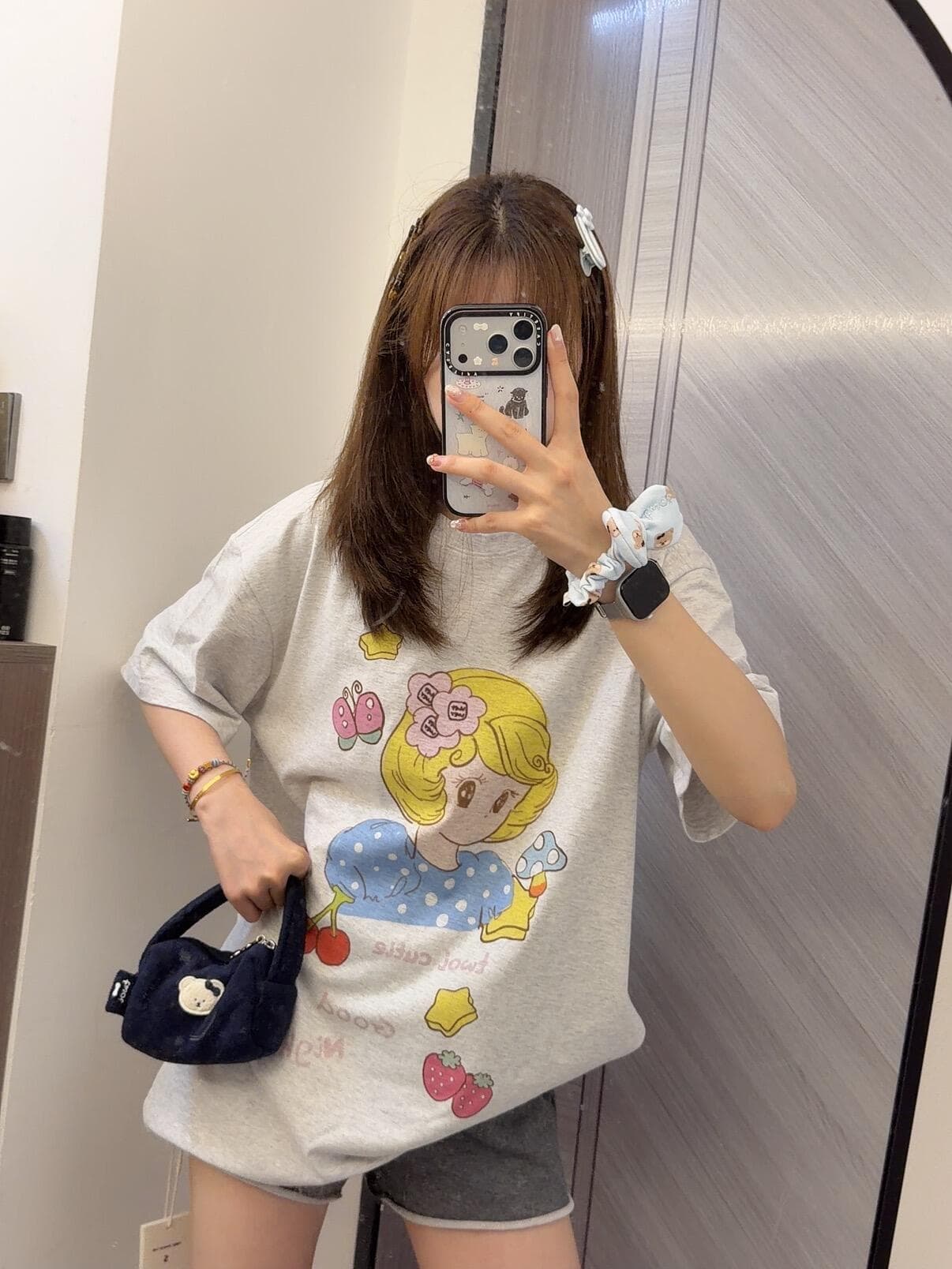 한 부서 만화 알파벳 꽃 회색 반팔 티셔츠 여성 여름 루즈핏 슬림해 보이는 디자인 센스 다용도 캐주얼 맨위 트렌디 상세 이미지 2