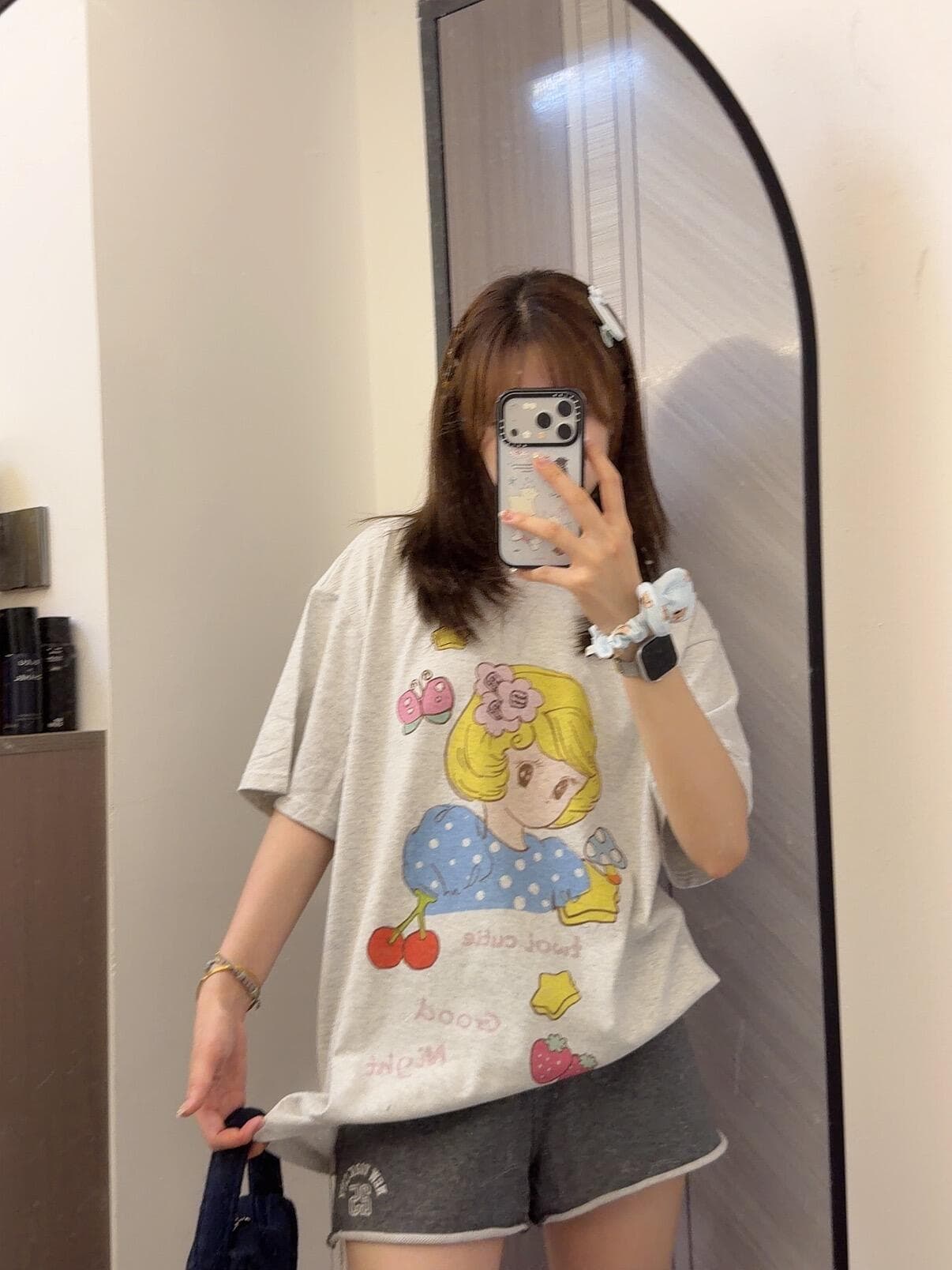 한 부서 만화 알파벳 꽃 회색 반팔 티셔츠 여성 여름 루즈핏 슬림해 보이는 디자인 센스 다용도 캐주얼 맨위 트렌디 상세 이미지 3