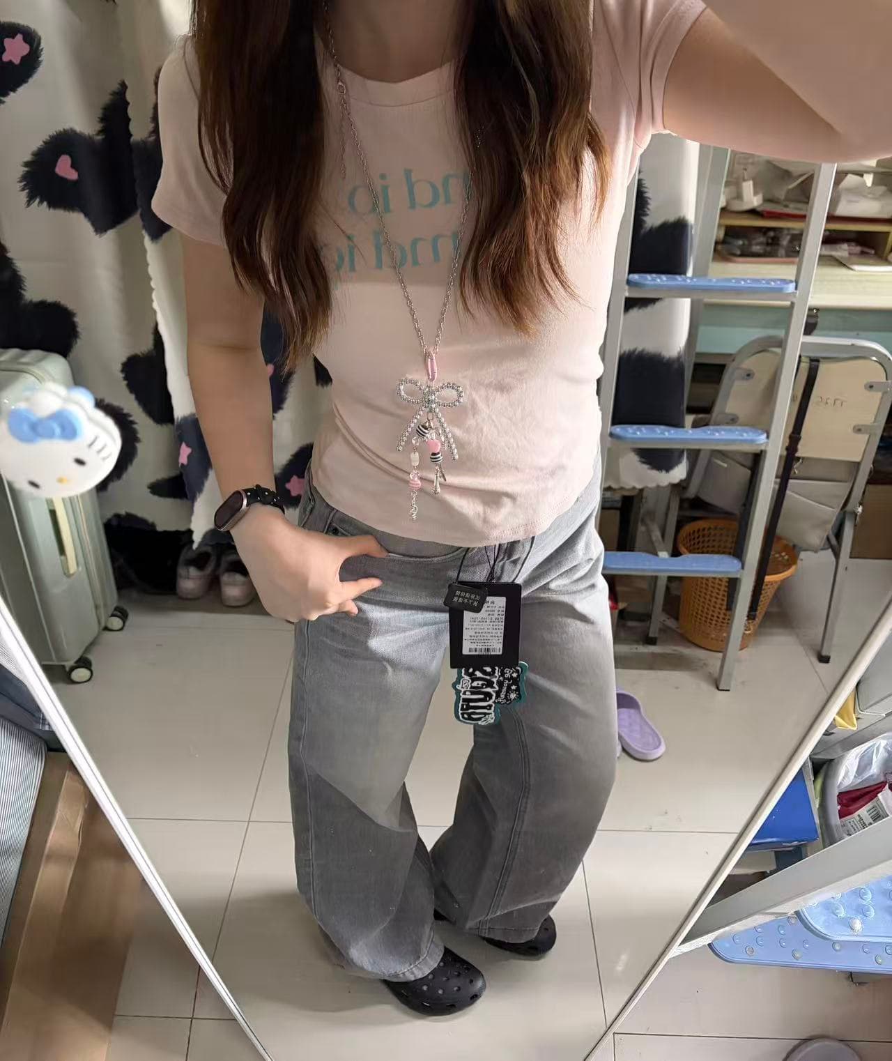 핑크색 긍정적 인 어깨 티셔츠 여성 여름 알파벳 프린트 도파민 반팔 아메리칸 핫걸 몸매 가꾸기 슬림해 보이는 맨위 쇼트 스타일 이미지 4