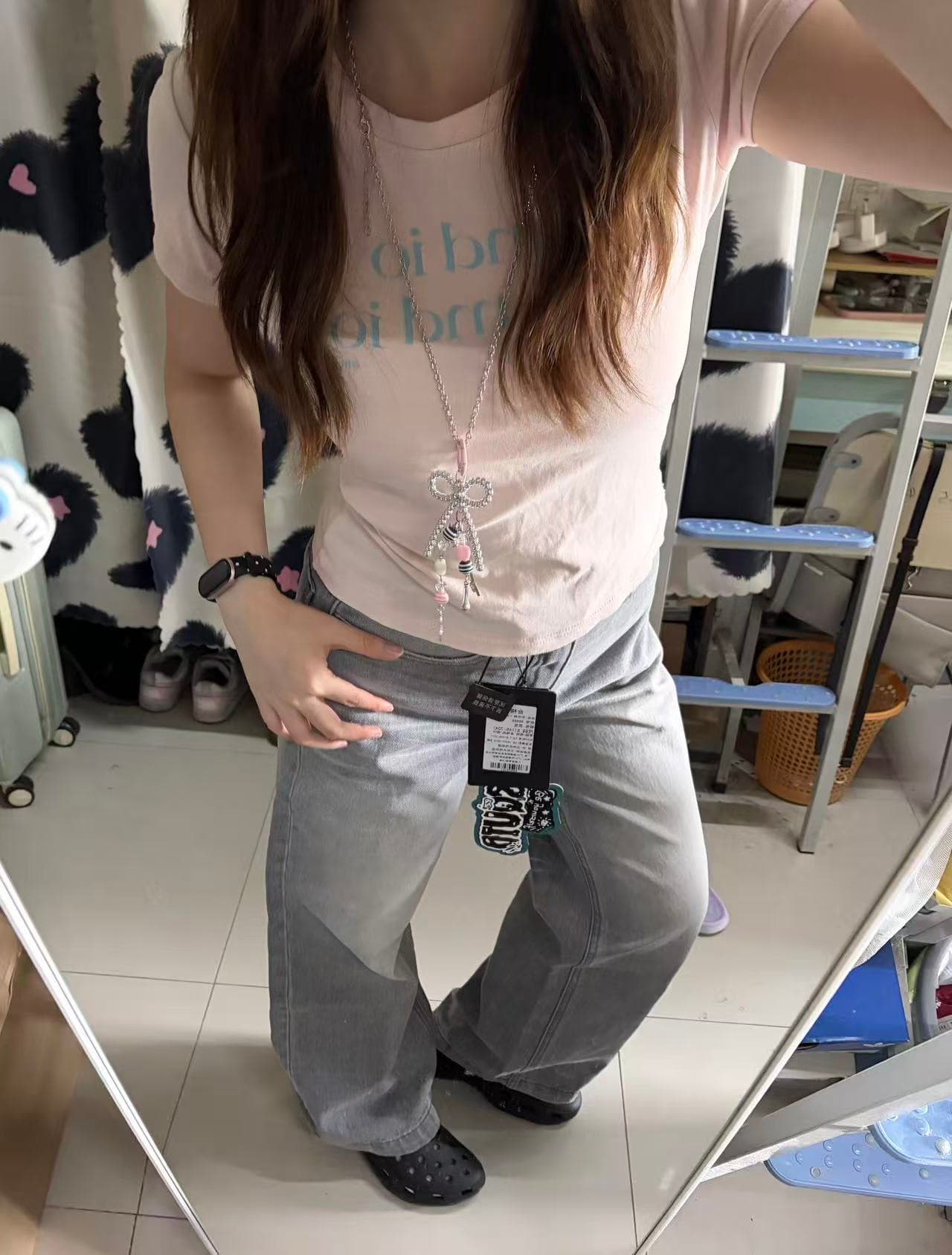 핑크색 긍정적 인 어깨 티셔츠 여성 여름 알파벳 프린트 도파민 반팔 아메리칸 핫걸 몸매 가꾸기 슬림해 보이는 맨위 쇼트 스타일 상세 이미지 2