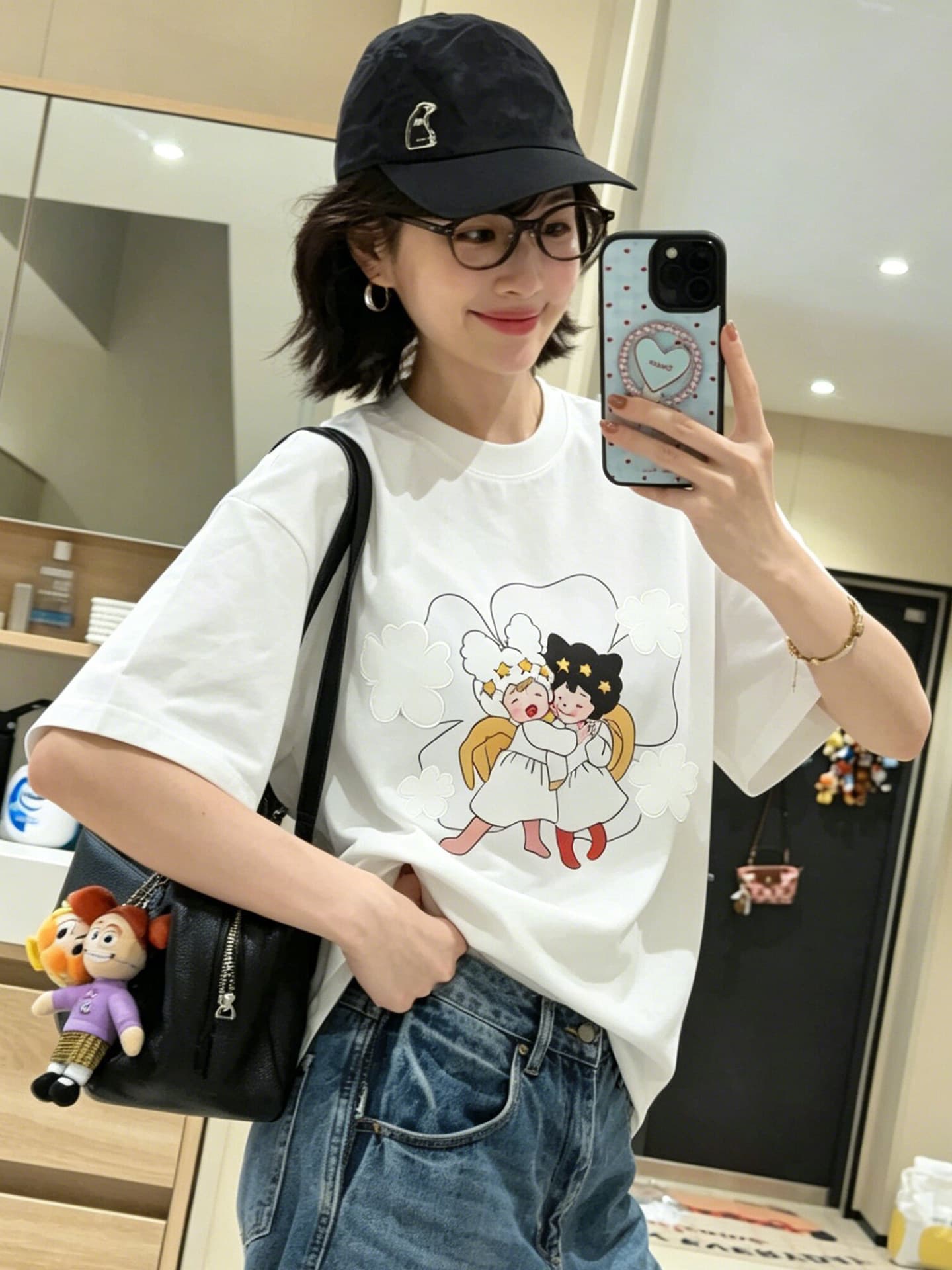 아메리칸 만화 꽃 소녀 프린트 반팔 티셔츠 여성 여름 루즈핏 패션 출퇴근 다용도 맨위 상세 이미지 4
