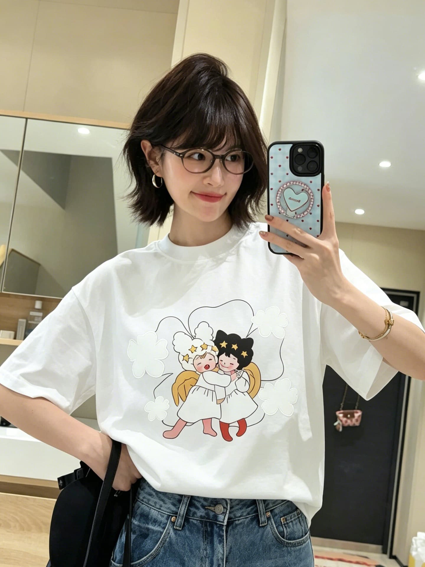 아메리칸 만화 꽃 소녀 프린트 반팔 티셔츠 여성 여름 루즈핏 패션 출퇴근 다용도 맨위 상세 이미지 5