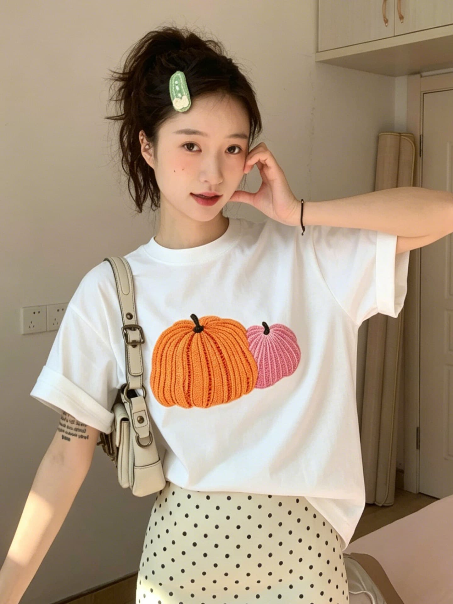 한 부서 미니멀리즘 호박 패턴 프린트 반팔 티셔츠 여성 여름 루즈핏 캐주얼 출퇴근 다용도 맨위 이미지 3