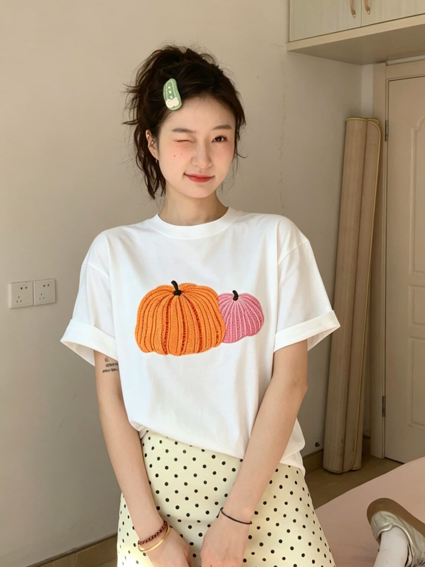 한 부서 미니멀리즘 호박 패턴 프린트 반팔 티셔츠 여성 여름 루즈핏 캐주얼 출퇴근 다용도 맨위 이미지 2