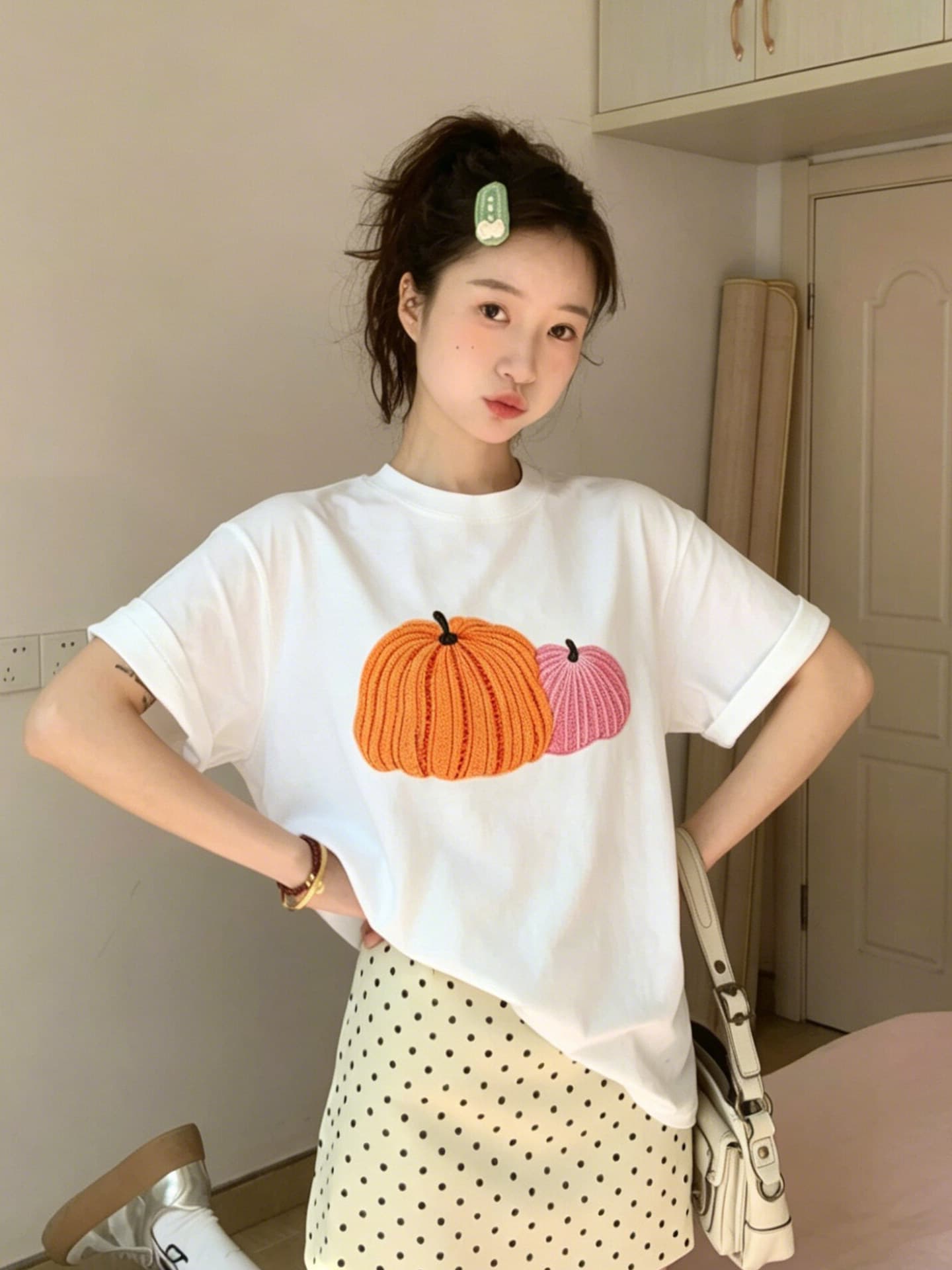 한 부서 미니멀리즘 호박 패턴 프린트 반팔 티셔츠 여성 여름 루즈핏 캐주얼 출퇴근 다용도 맨위 상세 이미지 1