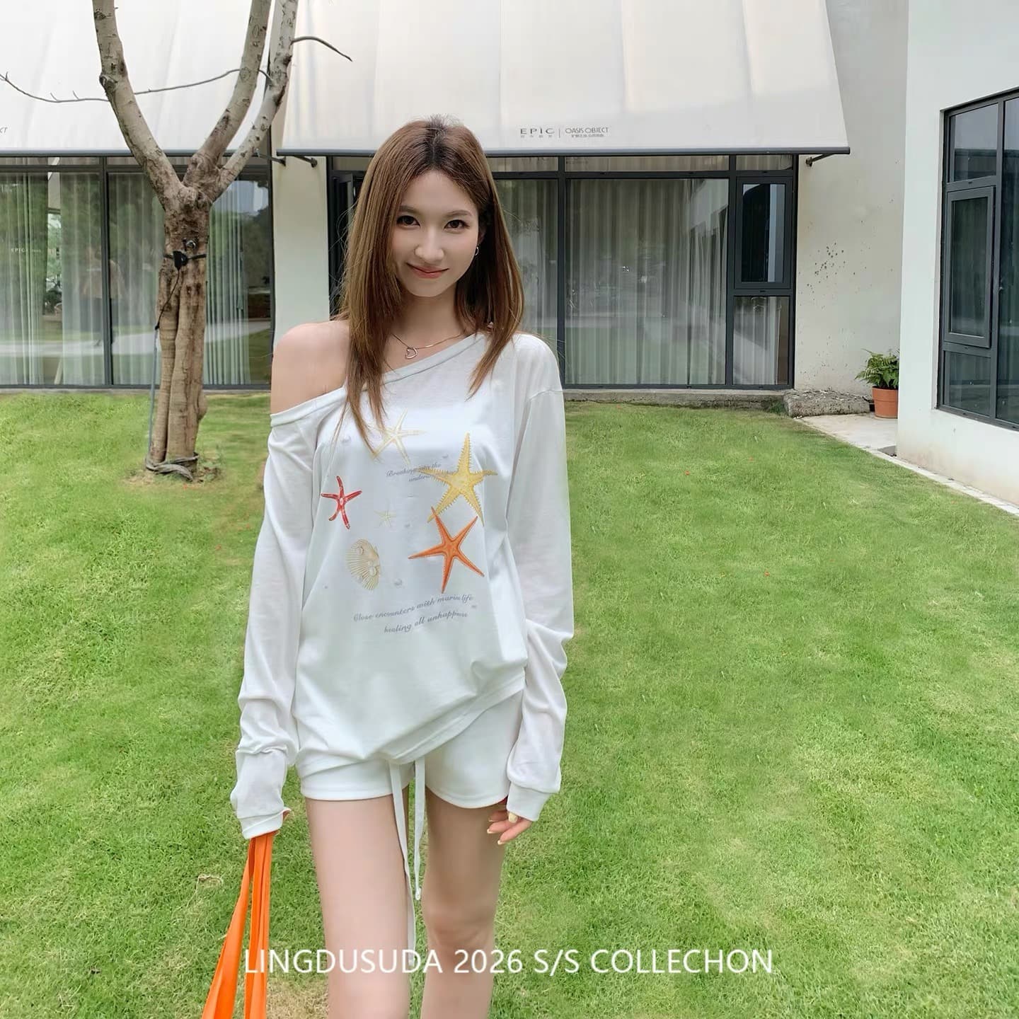불가사리 프린트 자외선 차단 블라우스 여성 여름 느긋한 바람 얇은 스타일 비스듬한 어깨 의류 루즈핏 긴팔 티셔츠 이미지 5