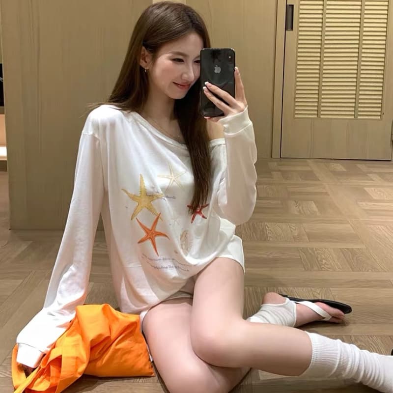 불가사리 프린트 자외선 차단 블라우스 여성 여름 느긋한 바람 얇은 스타일 비스듬한 어깨 의류 루즈핏 긴팔 티셔츠 상세 이미지 1