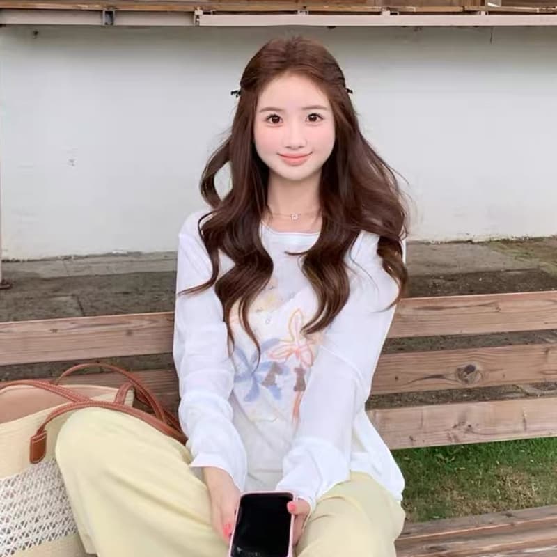 한 부서 프린트 자외선 차단 긴팔 티셔츠 여성 여름 얇은 스타일 에어컨 셔츠 캐주얼 슬림해 보이는 블라우스 상세 이미지 1