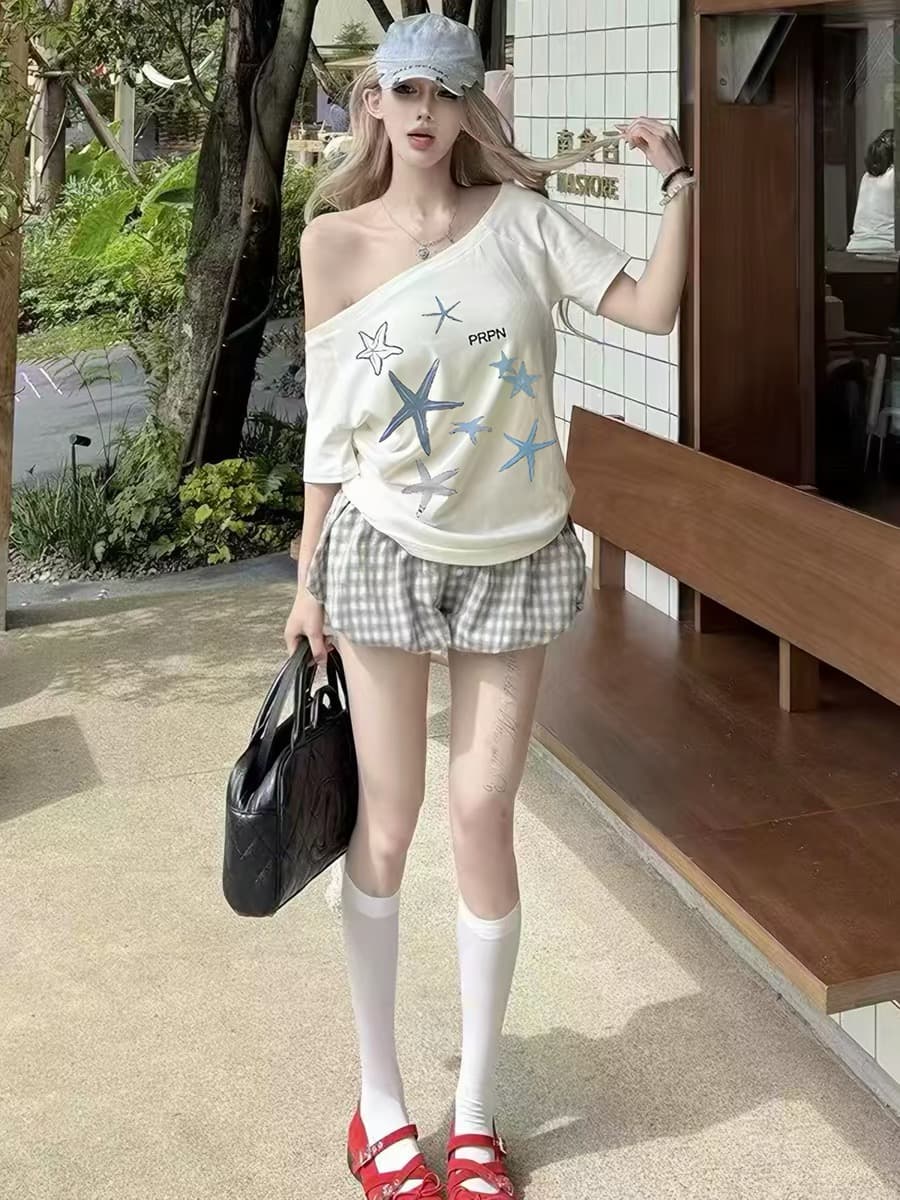 한 부서 달콤한 스타일 불가사리 프린트 비스듬한 어깨 반팔 여성 여름 느긋한 센스 루즈핏 슬림해 보이는 오프숄더 맨위 이미지 2