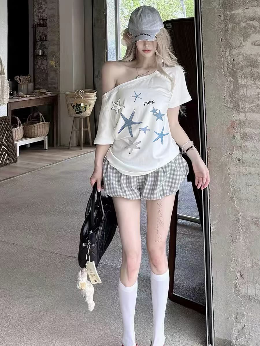 한 부서 달콤한 스타일 불가사리 프린트 비스듬한 어깨 반팔 여성 여름 느긋한 센스 루즈핏 슬림해 보이는 오프숄더 맨위 이미지 3