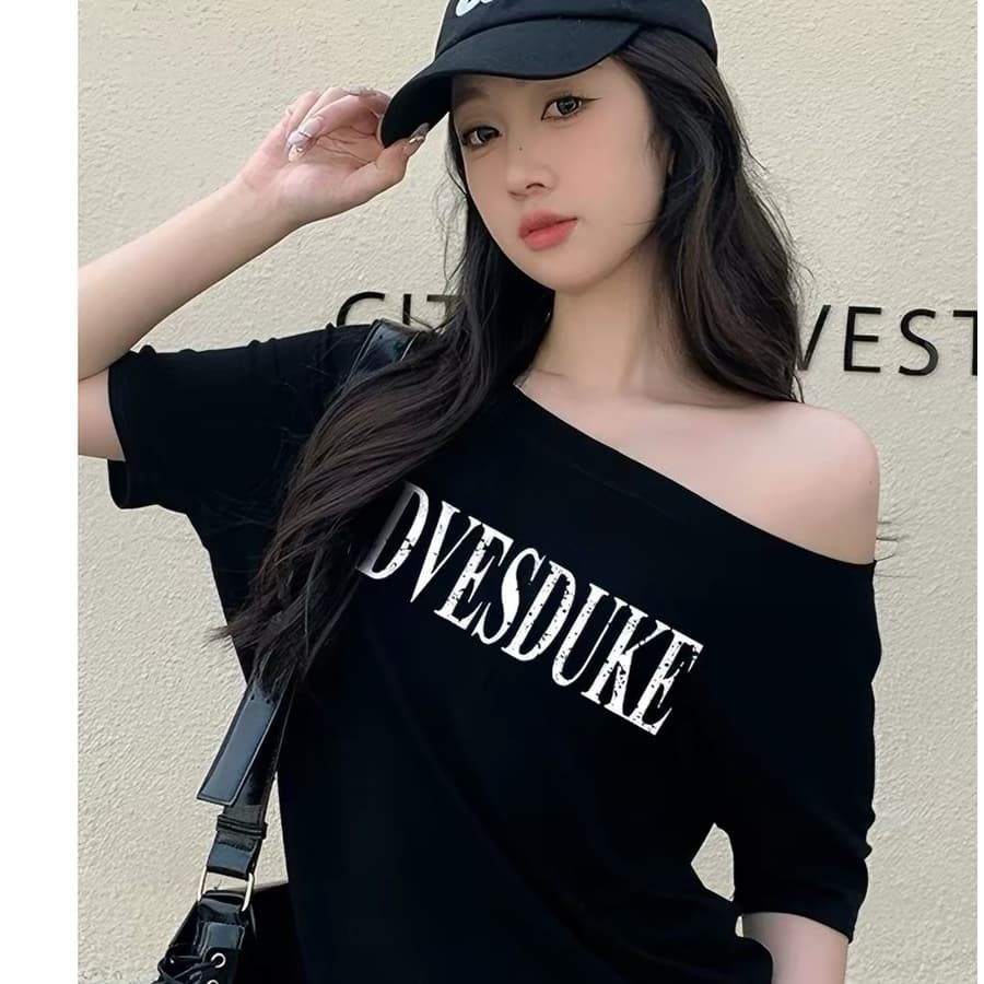 아메리칸 달콤한 차가운 반팔 비스듬한 어깨 티셔츠 여성 2026 새로운 고급 센스 루즈핏 핫걸 오프숄더 느긋한 맨위 이미지 3