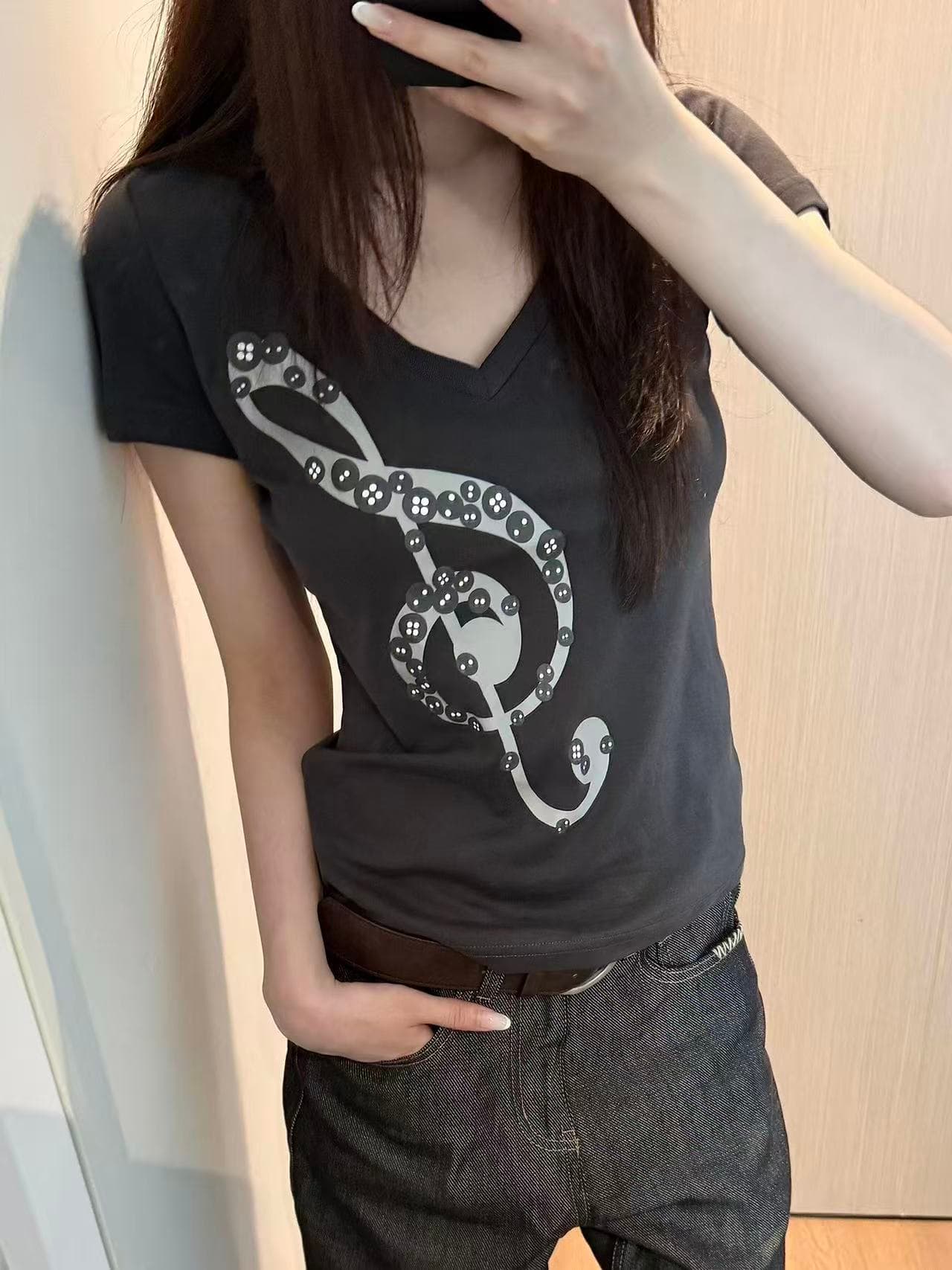 아메리칸 레트로 패치워크 V넥 참고 회색 반팔 티셔츠 여성 여름 몸매 가꾸기 슬림해 보이는 느슨함 센스 다용도 맨위 트렌디 상세 이미지 4