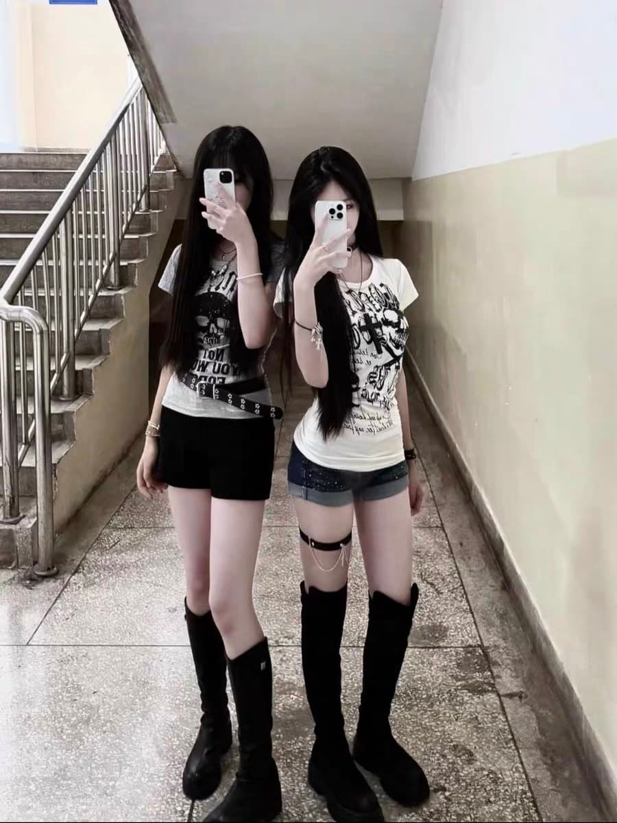 아메리칸 레트로 해골 프린트 허리 수축 반팔 티셔츠 여성 여름 이문화 펑크 y2k 천년기 핫걸 맨위 이미지 3