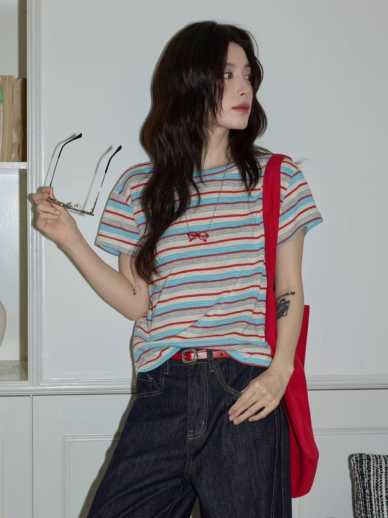 도파민 스트라이프 반팔 여성 티셔츠 여름 색상 라운드 넥 고급 긍정적 인 어깨 품격 몸매 가꾸기 맨위 상세 이미지 1
