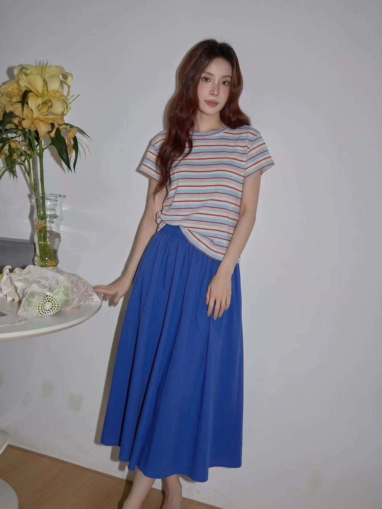 도파민 스트라이프 반팔 여성 티셔츠 여름 색상 라운드 넥 고급 긍정적 인 어깨 품격 몸매 가꾸기 맨위 상세 이미지 4