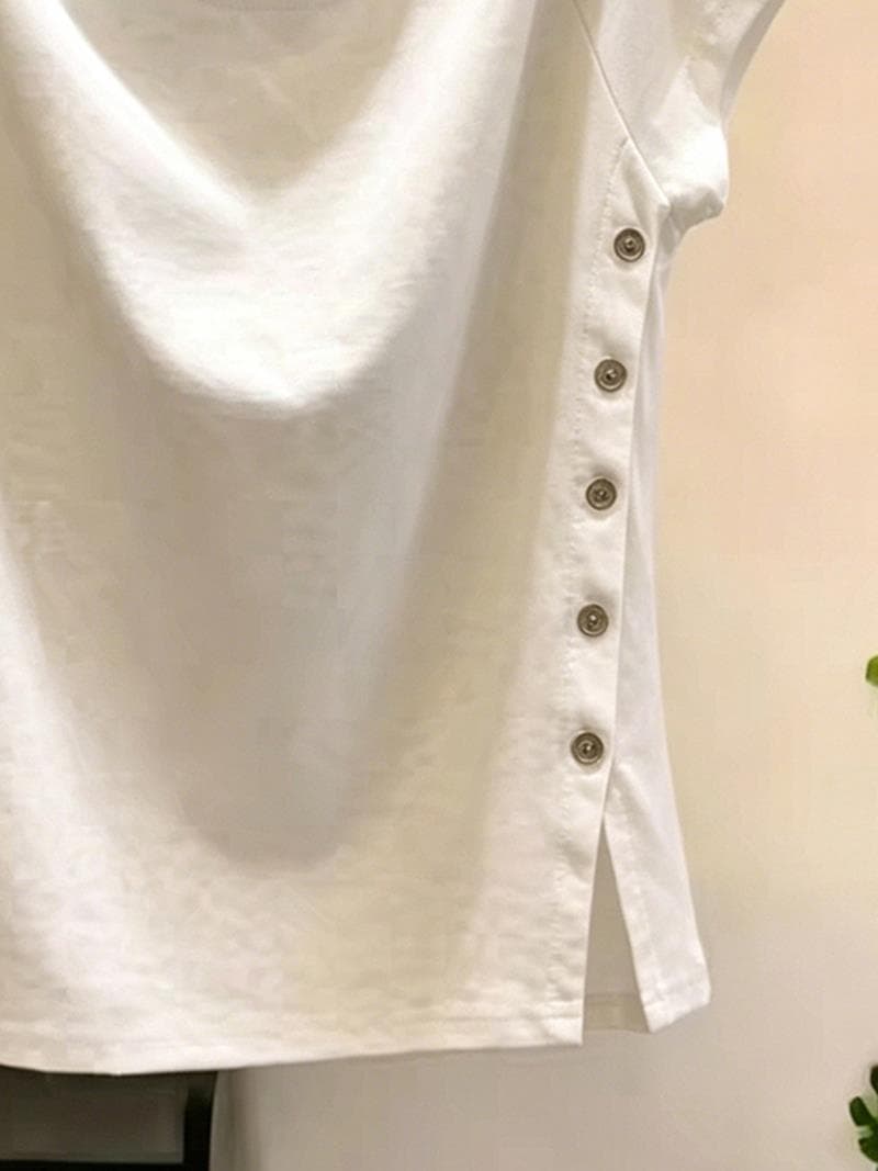 고유 한 Chic 단추 트임 살구 색상 반팔 티셔츠 여성 여름 디자인 센스 작은 대중 몸매 가꾸기 슬림해 보이는 다용도 맨위 상세 이미지 5