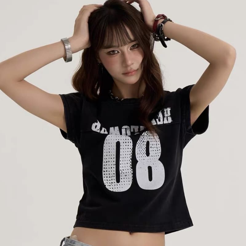 아메리칸 레트로 워싱 균열 쇼트 스타일 티셔츠 여성 여름 새로운 루즈핏 캐주얼 다용도 반팔 맨위